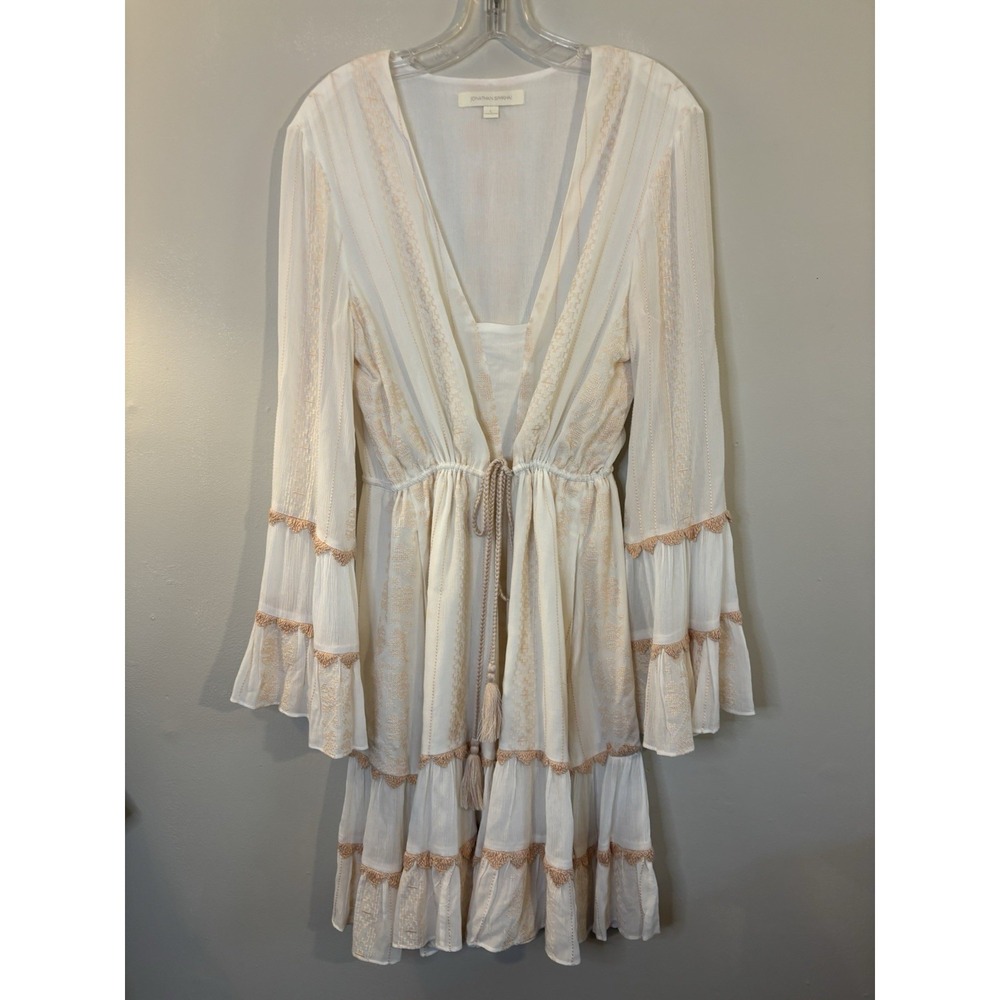 JONATHAN SIMKHAI White Pink Embroidered Dress L Tiered Bell Sleeve